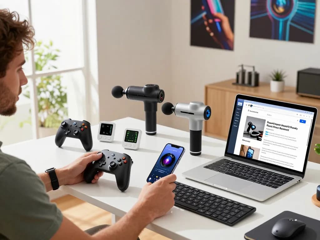 Person exploring must have tech gadgets in a stylish home office, showcasing Bluetooth devices and tech accessories.