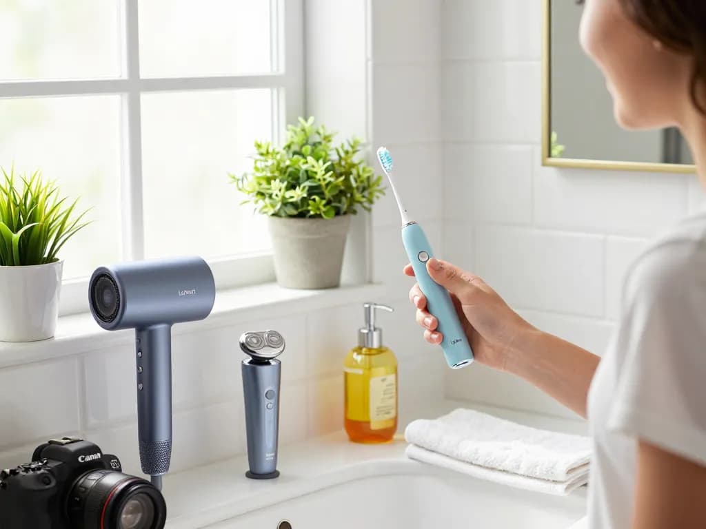 Laifen electric toothbrush in a stylish bathroom environment, enhancing morning hygiene routine.