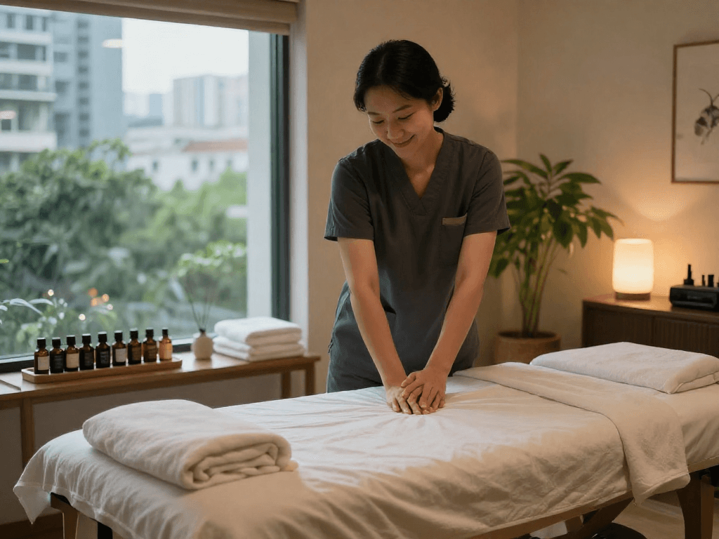 Relaxing 산본출장안마 session in a tranquil massage room, showcasing calming therapy elements.