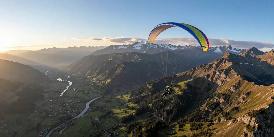 Adventure sports at https://www.fightandflight.com with a paraglider soaring above majestic mountains during sunrise.