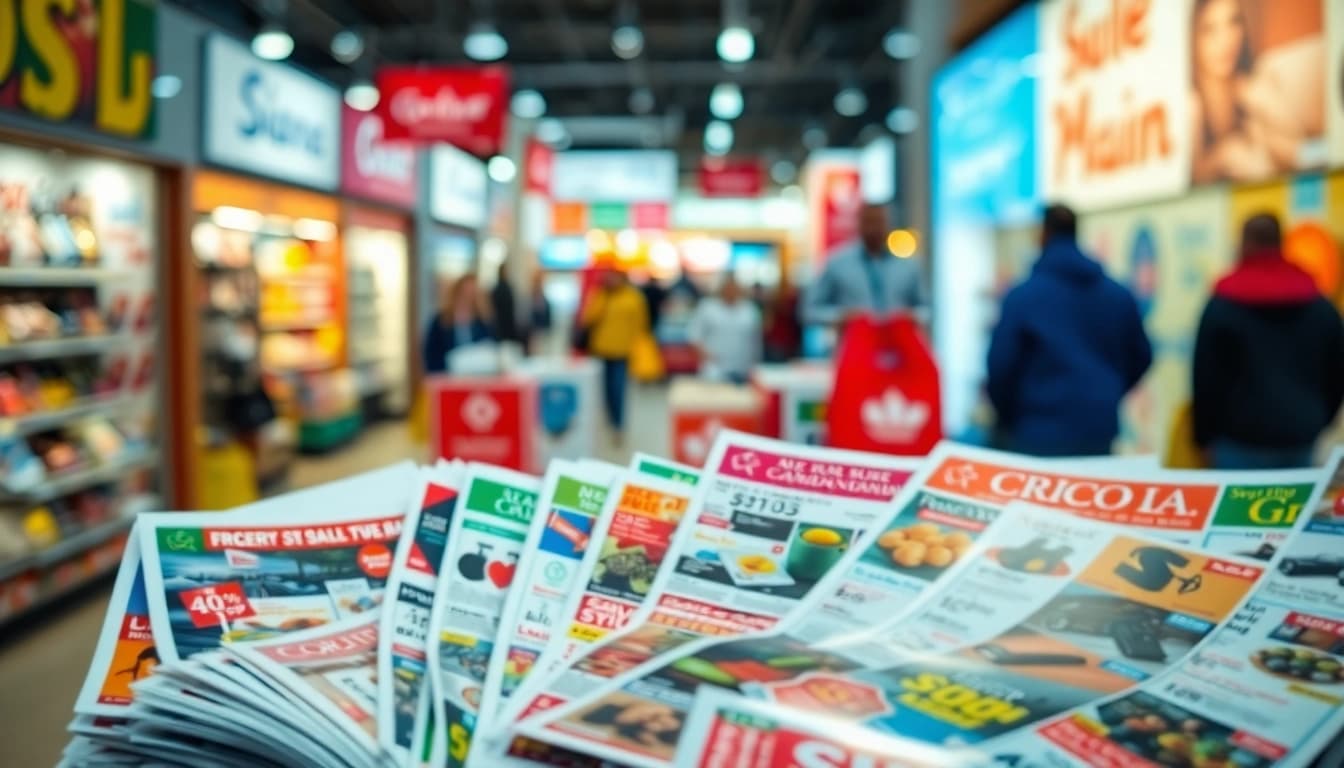 Engaging display of Canadian Flyers showcasing vibrant promotions and deals in a retail environment.