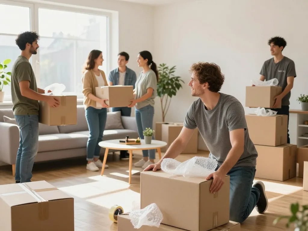 Professionelles Umzugsteam von Umzugsunternehmen Hannover, das einer Familie in einem einladenden Wohnzimmer hilft.
