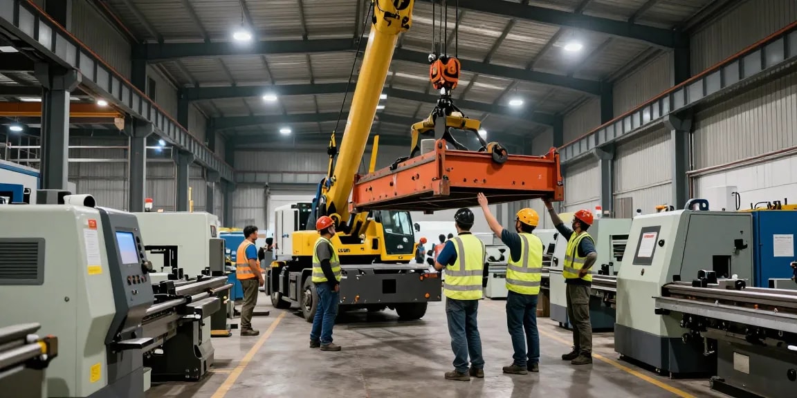 Machinery Movers team safely relocating heavy industrial equipment in a bright warehouse