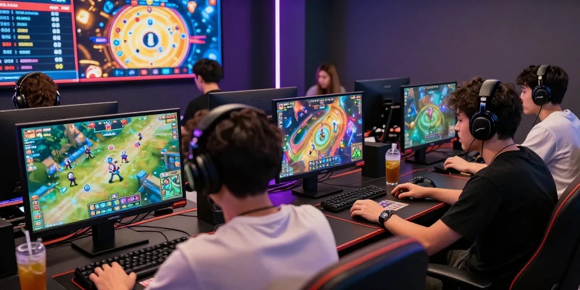 Players enjoying rikvip online gaming experience in a vibrant lounge, showcasing excitement and community.
