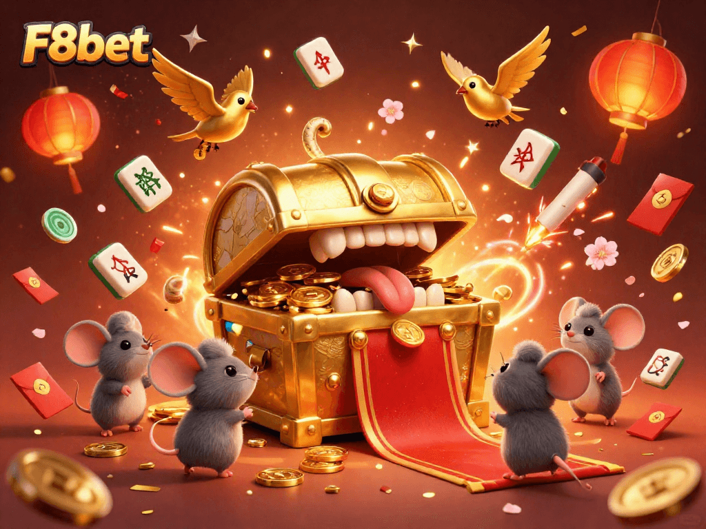 Engage with F8bet's thrilling gaming scene featuring a treasure chest and adventurer mice.