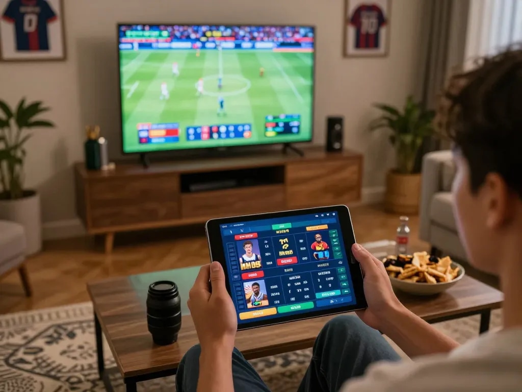 Person placing live bets on MM88 sports betting app in a cozy home setting.
