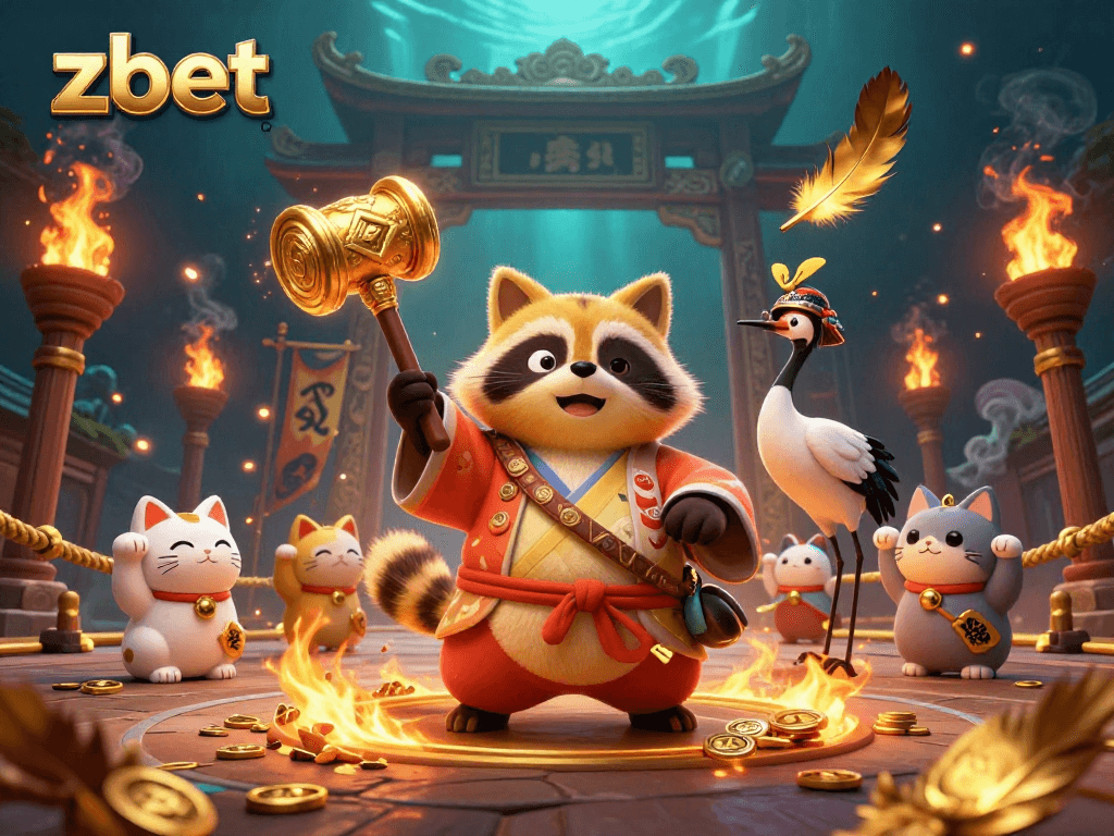 Engage with the vibrant world of zbet, featuring a cheerful tanuki and lucky cats in a festive casino scene.