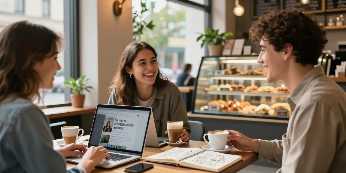 Friends enjoying coffee while discussing a crush on someone in a cozy cafe setting.