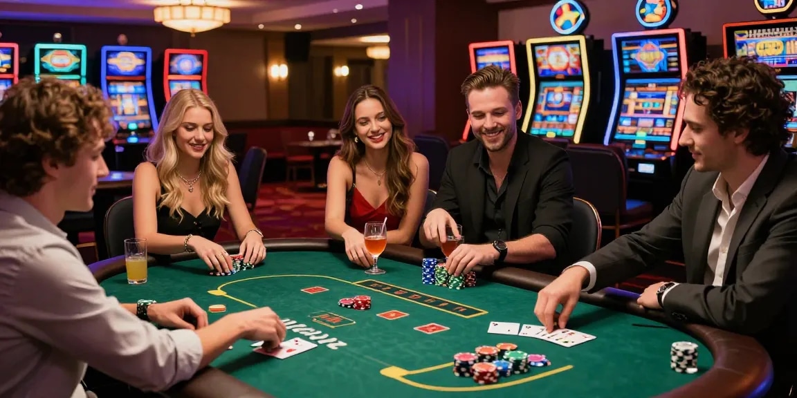 Friends enjoying iwin poker night in a luxurious casino atmosphere with vibrant energy