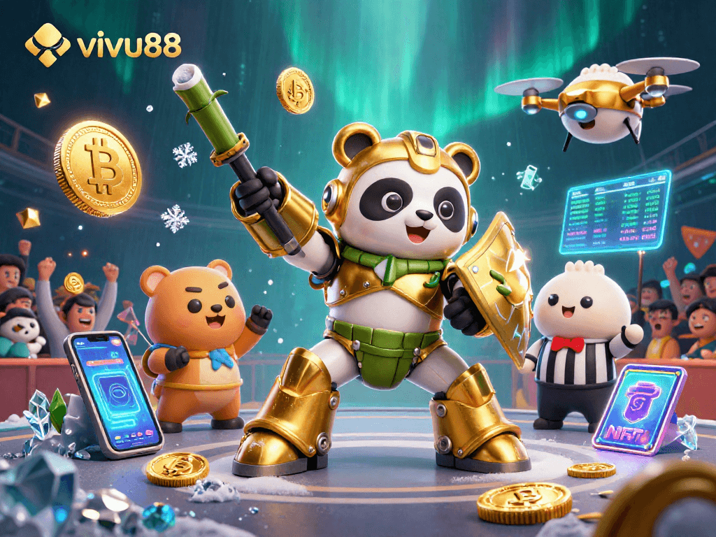 Experience thrilling gameplay with vivu88 in a vibrant 3D casino illustration featuring dynamic characters and crypto elements.