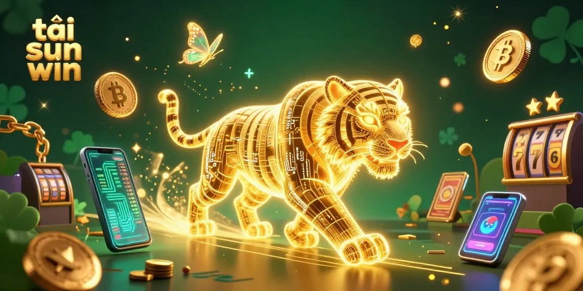 Engage with the vibrant scene of tải sun win featuring a luminous tiger and digital casino elements.