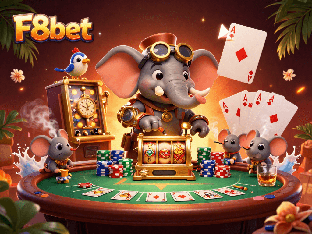 Experience immersive gaming at F8bet with a whimsical steampunk elephant operating a slot machine.