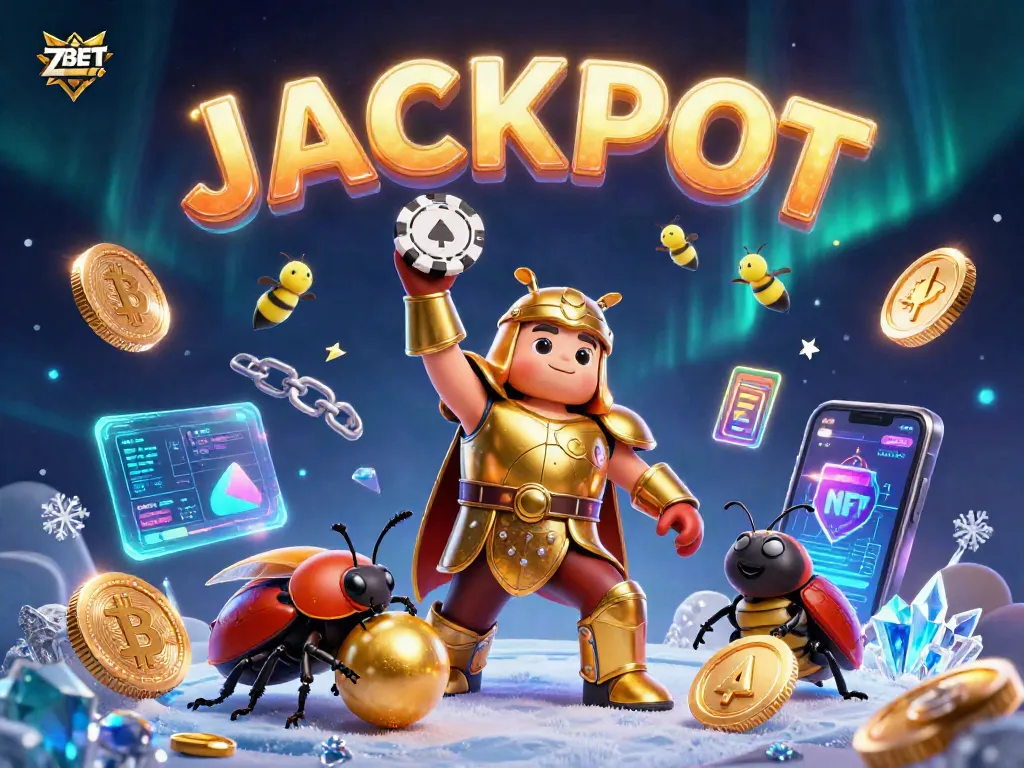 ZBET showcases a heroic cartoon beetle celebrating a poker chip victory amidst glowing crypto elements.
