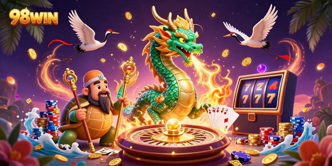 Experience the excitement of 98WIN's vibrant gaming world with a dynamic dragon and casino elements.