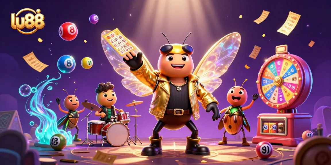 Experience the thrill of lu88 gaming with vibrant lottery balls and a rock star in action.