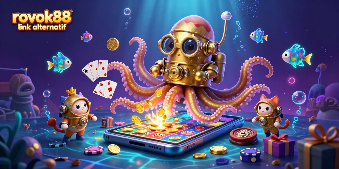 Engage with rokok88 link alternatif featuring a vibrant undersea scene with a kraken, diving cat, and casino elements.