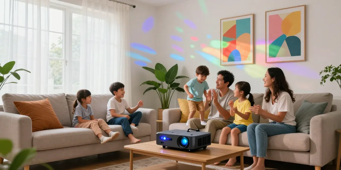 Proiector LED în living modern, iluminând o familie fericită în atmosferă caldă.
