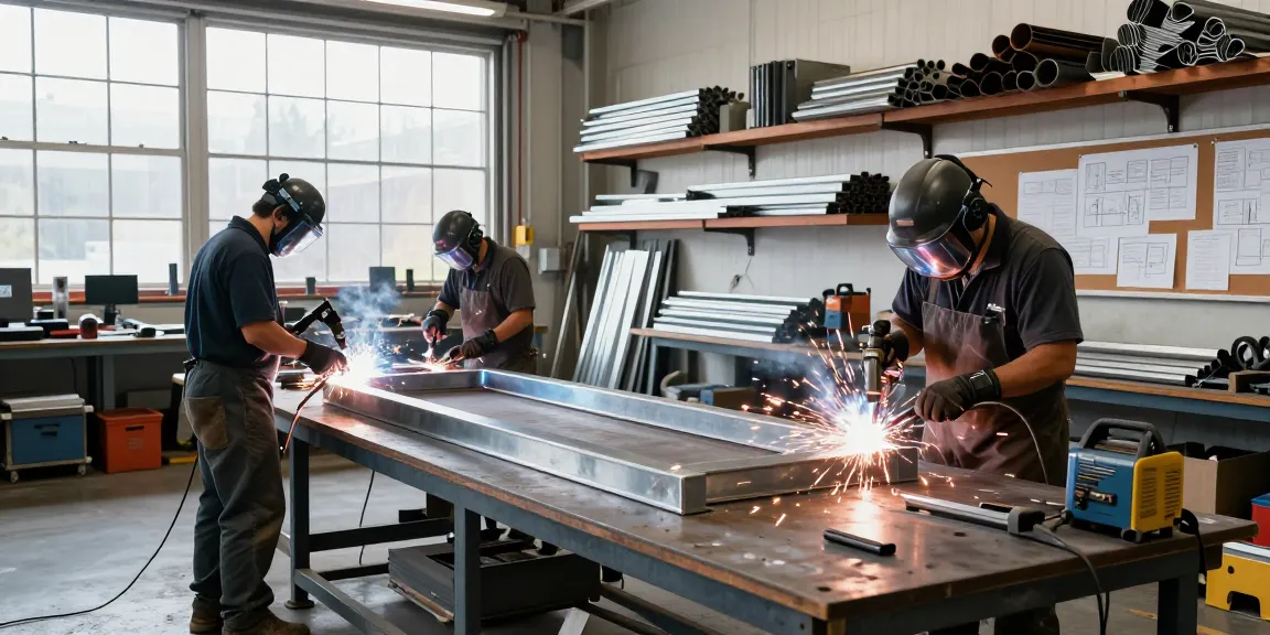 Professional metal fabrication vancouver workshop showcasing artisans welding custom metal projects with modern tools and vibrant sparks flying.