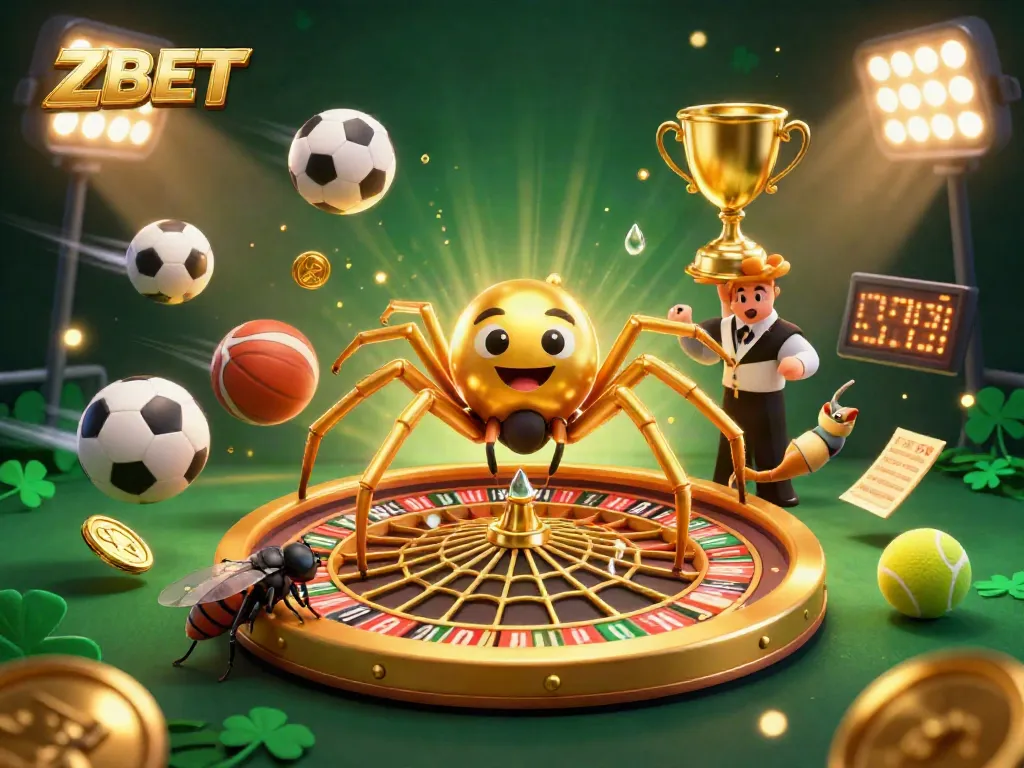 ZBET captures the excitement of online betting with a golden roulette web spun by cartoon characters, enhancing the gambling atmosphere.