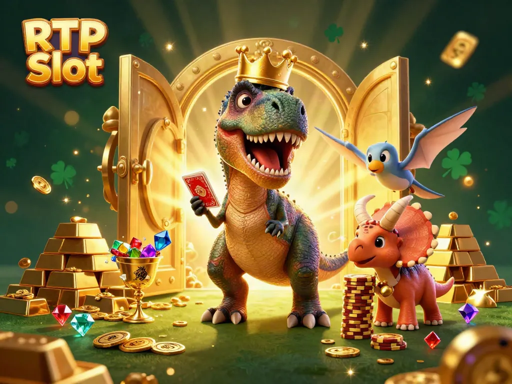 Engage with RTP Slot gameplay as T-Rex shuffles cards while friends stack golden chips in a sparkling casino scene.