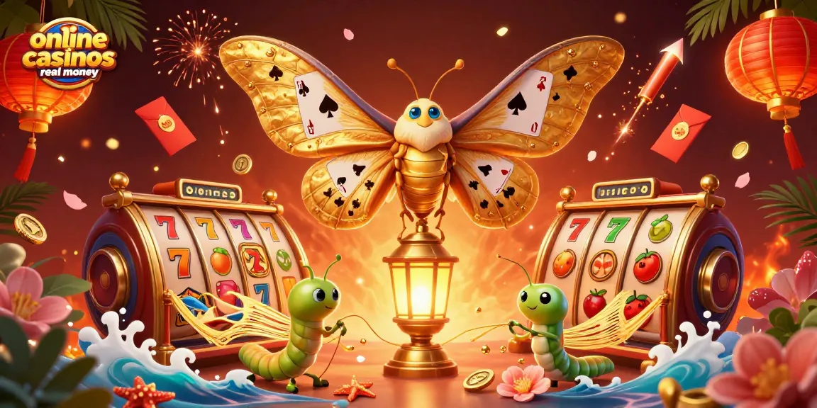 Engage in online casinos real money with vibrant slot reels, butterflies, and golden elements.