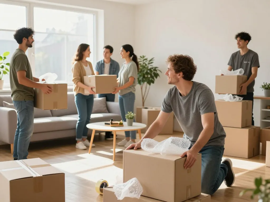 Professionelles Umzugsteam von Umzugsunternehmen Hannover, das einer Familie in einem einladenden Wohnzimmer hilft.