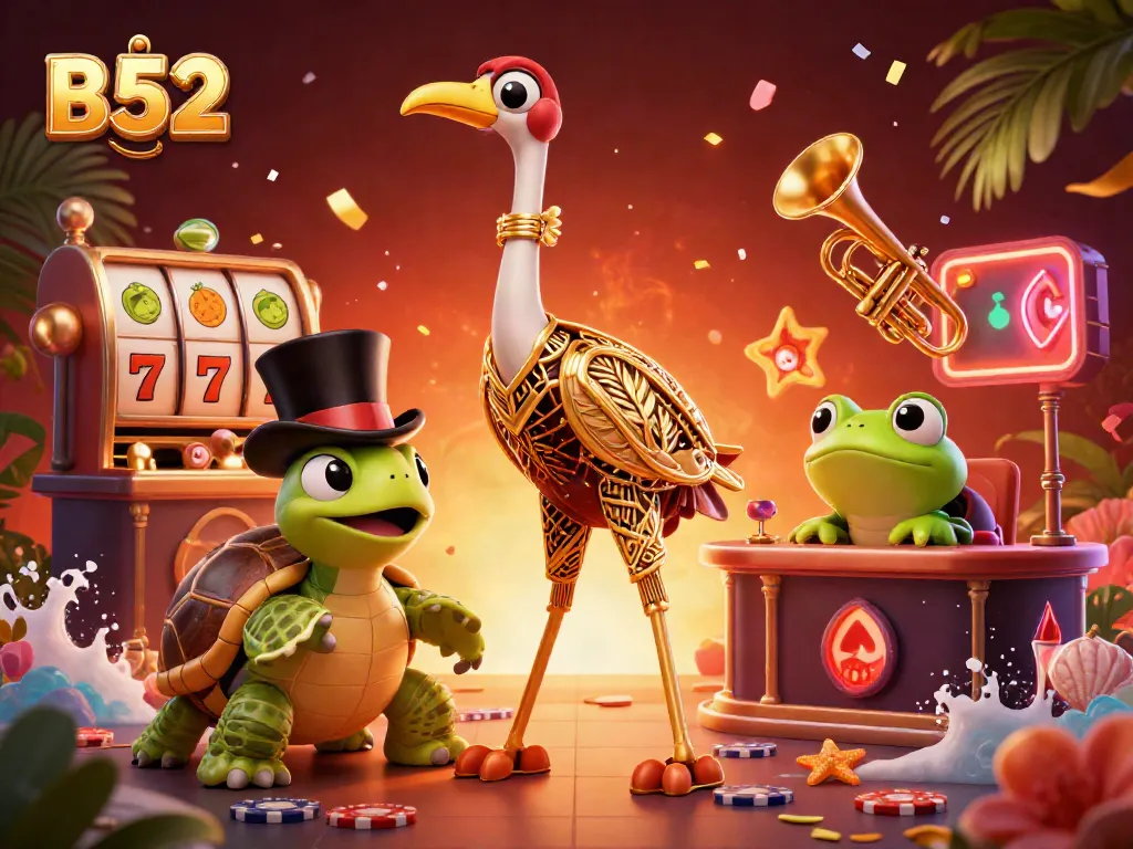 Spin the reels in B52 themed casino illustration featuring lively characters and vibrant slot symbols.