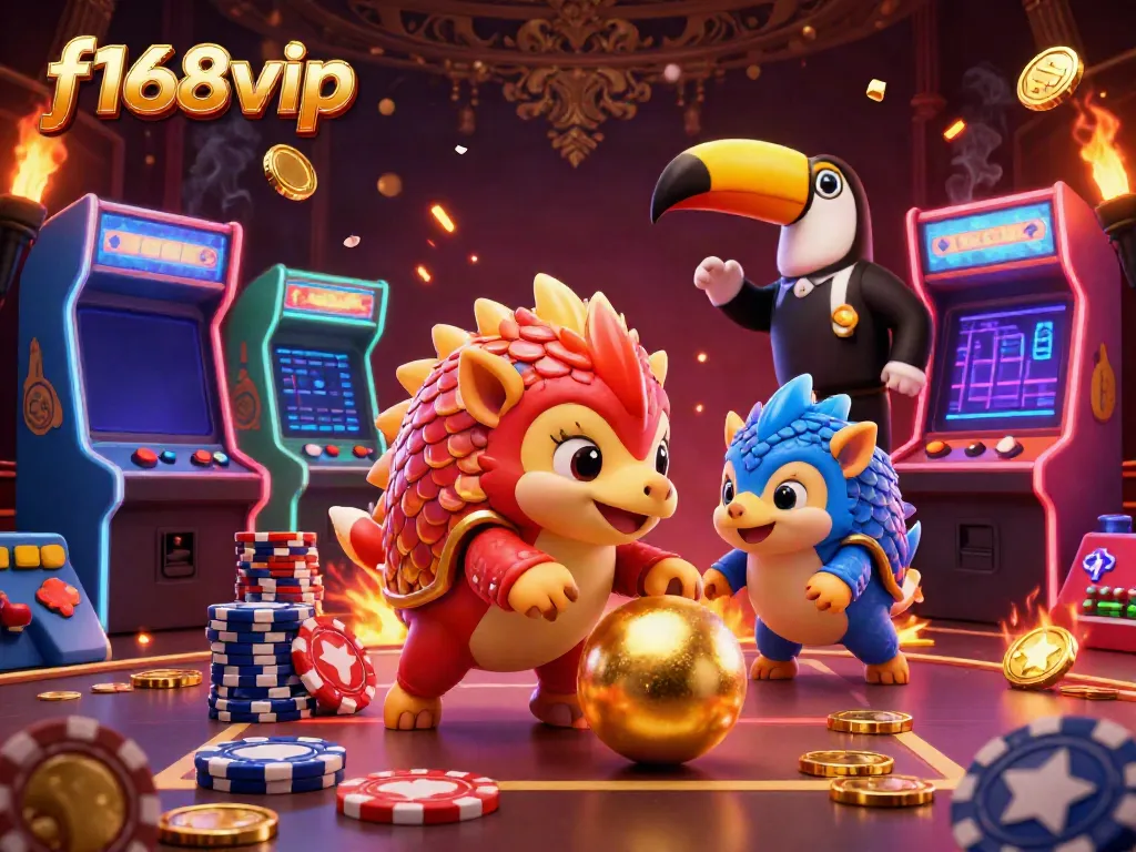 Experience thrilling action in f168vip with rival pangolins bowling through poker chips in a vibrant casino scene.