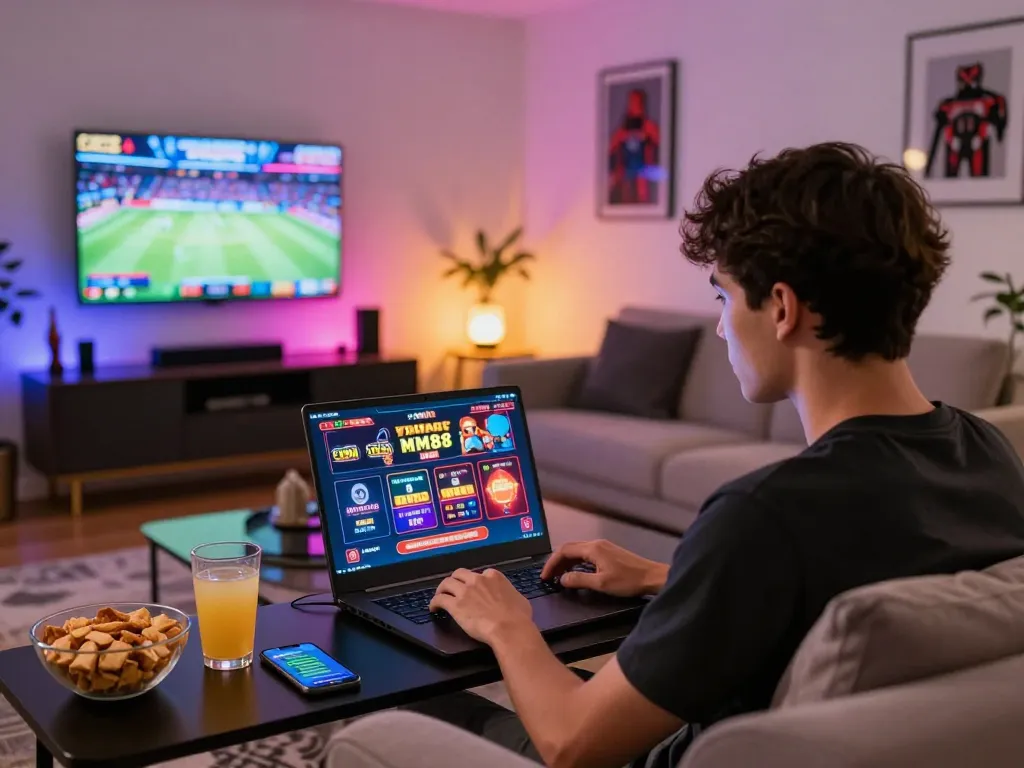 Young adult engaging with online betting via MM88 in a lively living room.