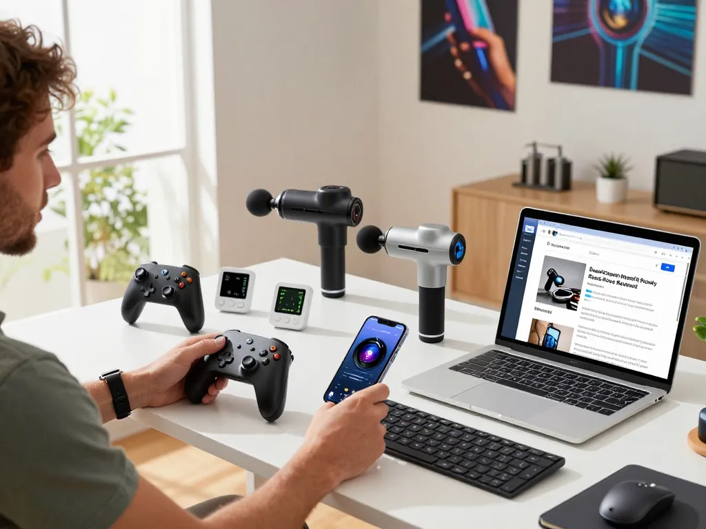 Person exploring must have tech gadgets in a stylish home office, showcasing Bluetooth devices and tech accessories.