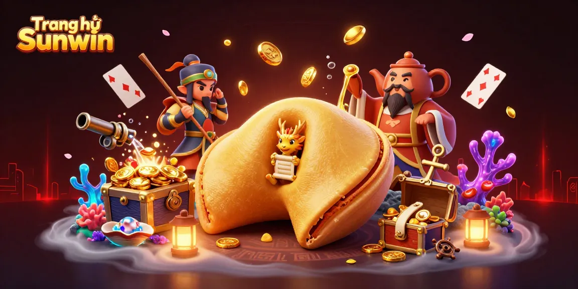 Engage with thrilling gameplay at Trang chủ Sunwin with vibrant casino-themed 3D illustration featuring fortune cookie and dragon.