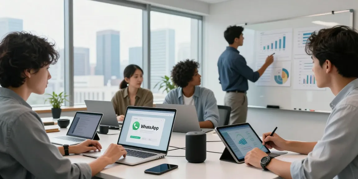 Team collaborating on using WhatsApp網頁版 in a modern office environment, showcasing tech gadgets and teamwork.