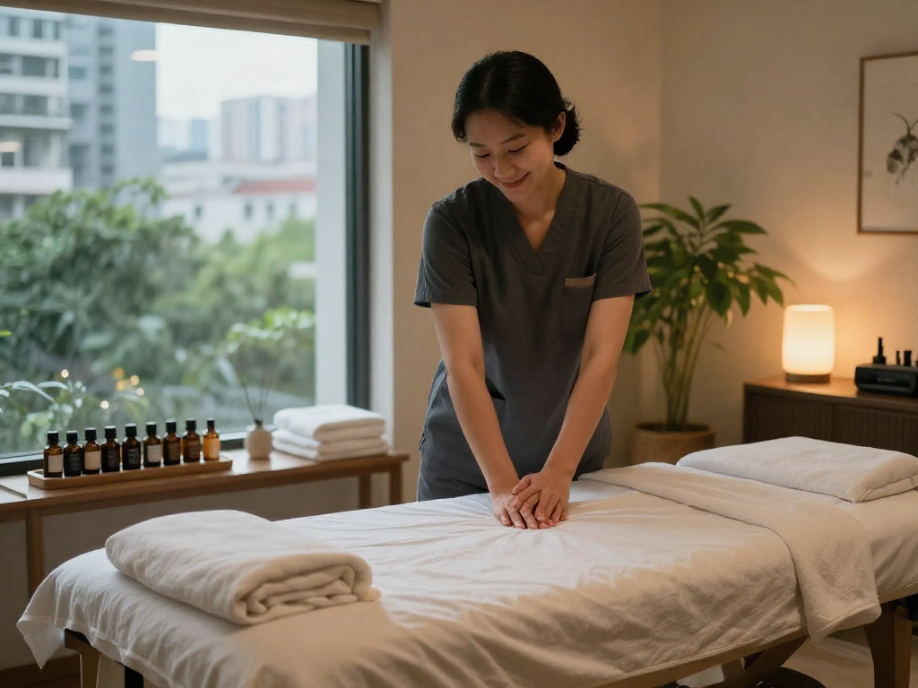 Relaxing 산본출장안마 session in a tranquil massage room, showcasing calming therapy elements.