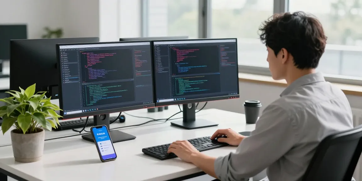 快连 software developer in a modern workspace with dual monitors displaying network analytics and code, conveying efficient tech workspace.
