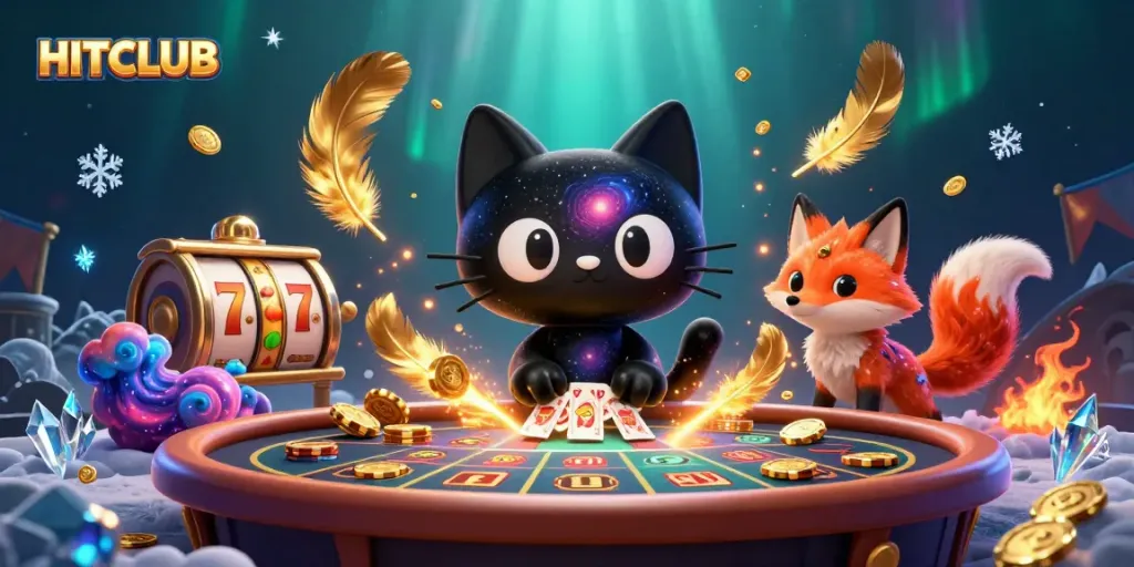 Experience HITCLUB atmosphere while winning chips and cards at an energetic cosmic casino.