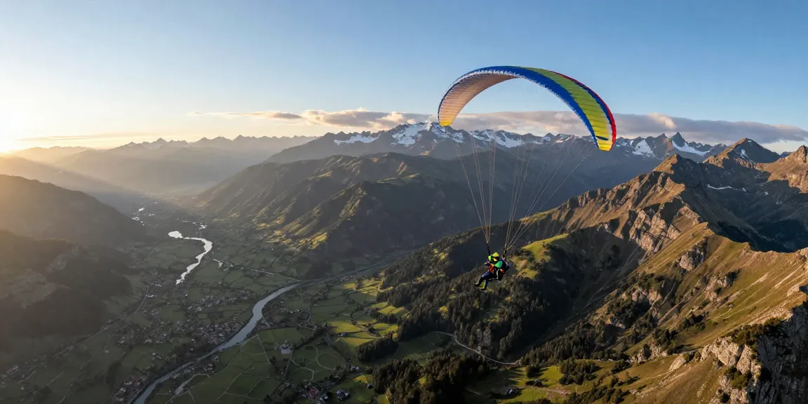 Adventure sports at https://www.fightandflight.com with a paraglider soaring above majestic mountains during sunrise.