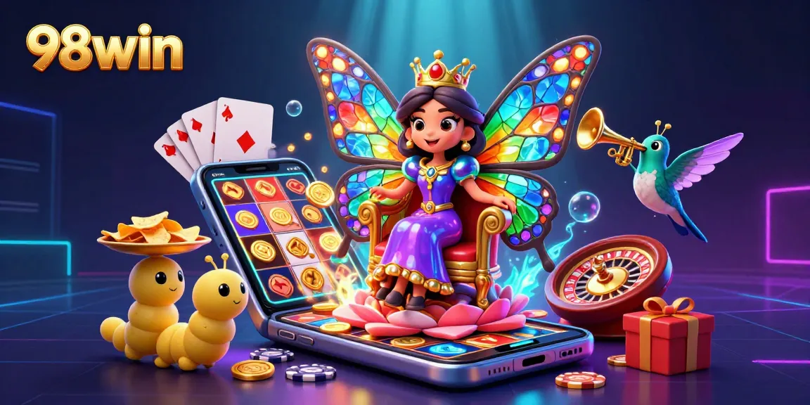 Engage in vibrant casino action with the 98win butterfly queen surrounded by exciting gaming elements and golden coins.