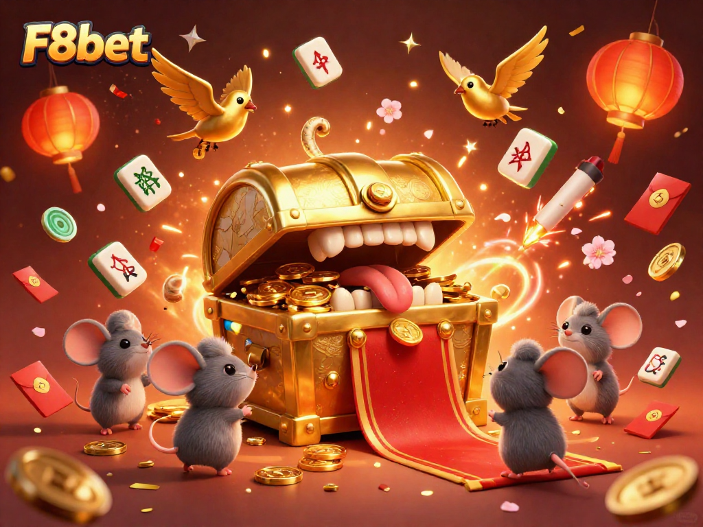 Engage with F8bet's thrilling gaming scene featuring a treasure chest and adventurer mice.