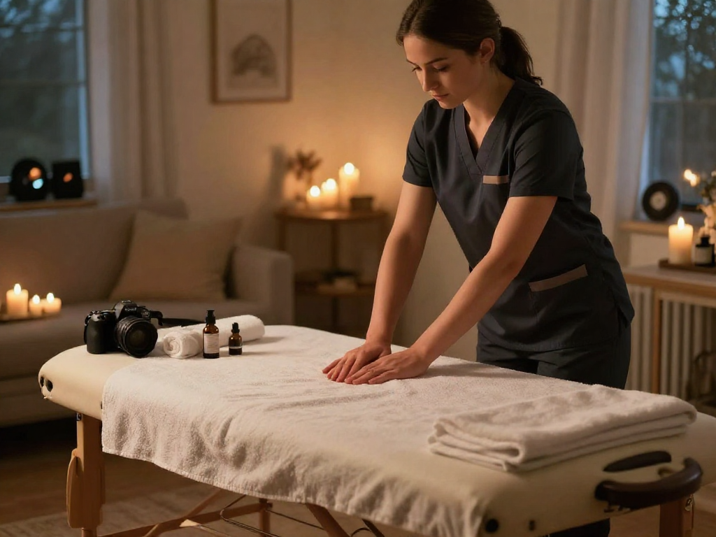 Relaxing 하남출장안마 home massage setting with therapist preparing soothing atmosphere.