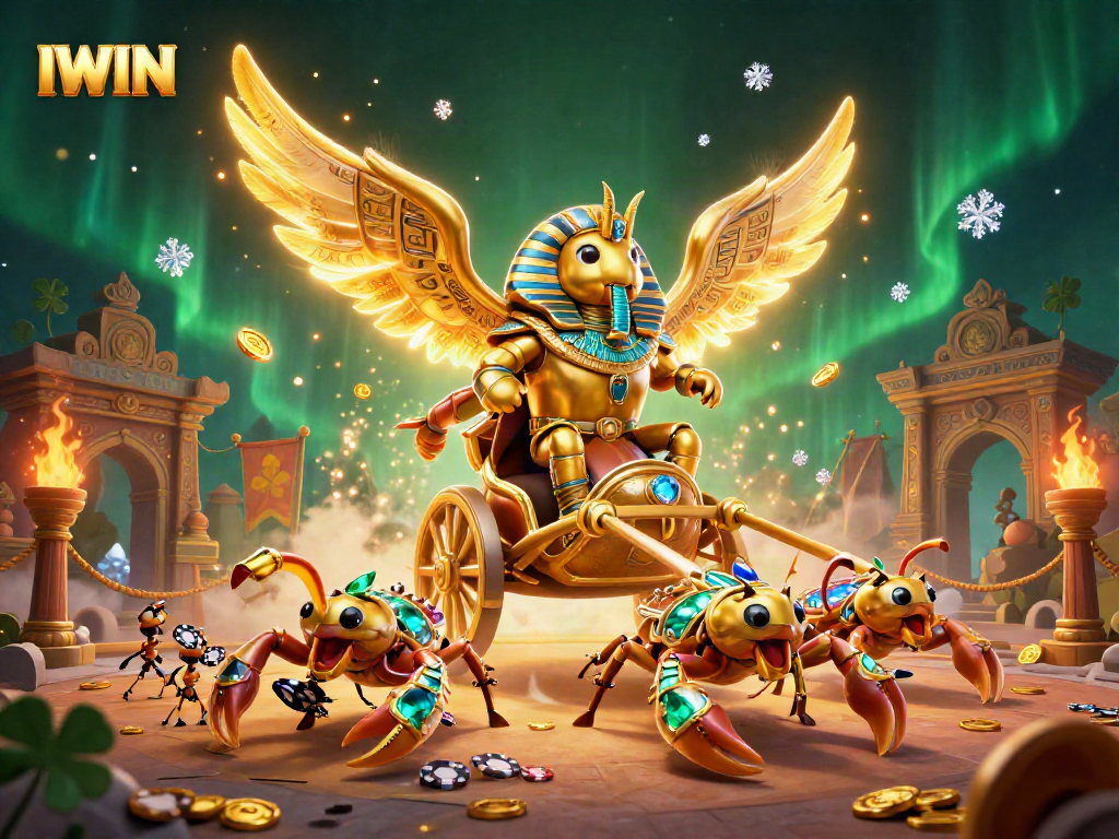 IWIN engaging with a colossal golden scarab beetle in an energetic casino battle scene.
