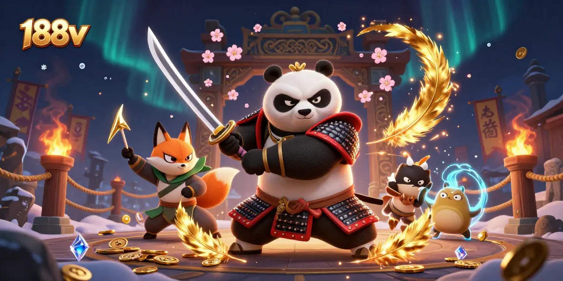Experience exciting gaming at 188v with a vibrant samurai panda and ninja fox in action.