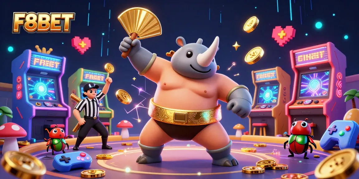 F8BET features thrilling casino action with a sumo champion beetle amidst arcade gaming elements.