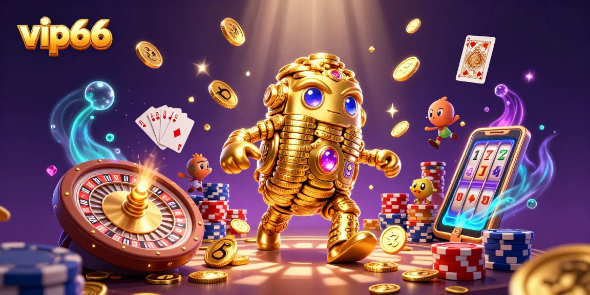 Experience the excitement of vip66 with a vibrant 3D illustration featuring golden golems and casino elements.
