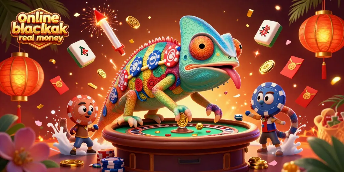 Engage with online blackjack real money, illustrated in a vibrant casino scene with chameleon owner.
