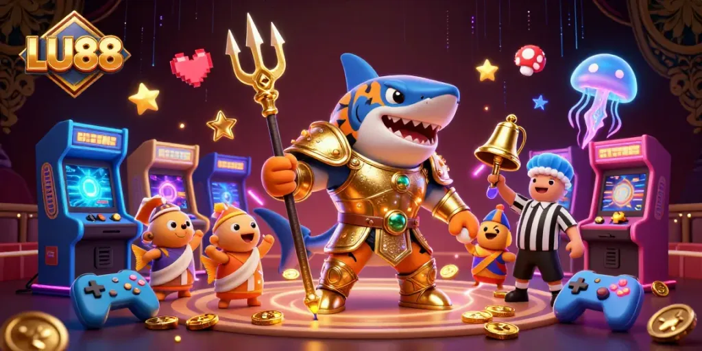 Experience the thrilling LU88 arcade adventure with a fierce shark in a vibrant underwater arena.