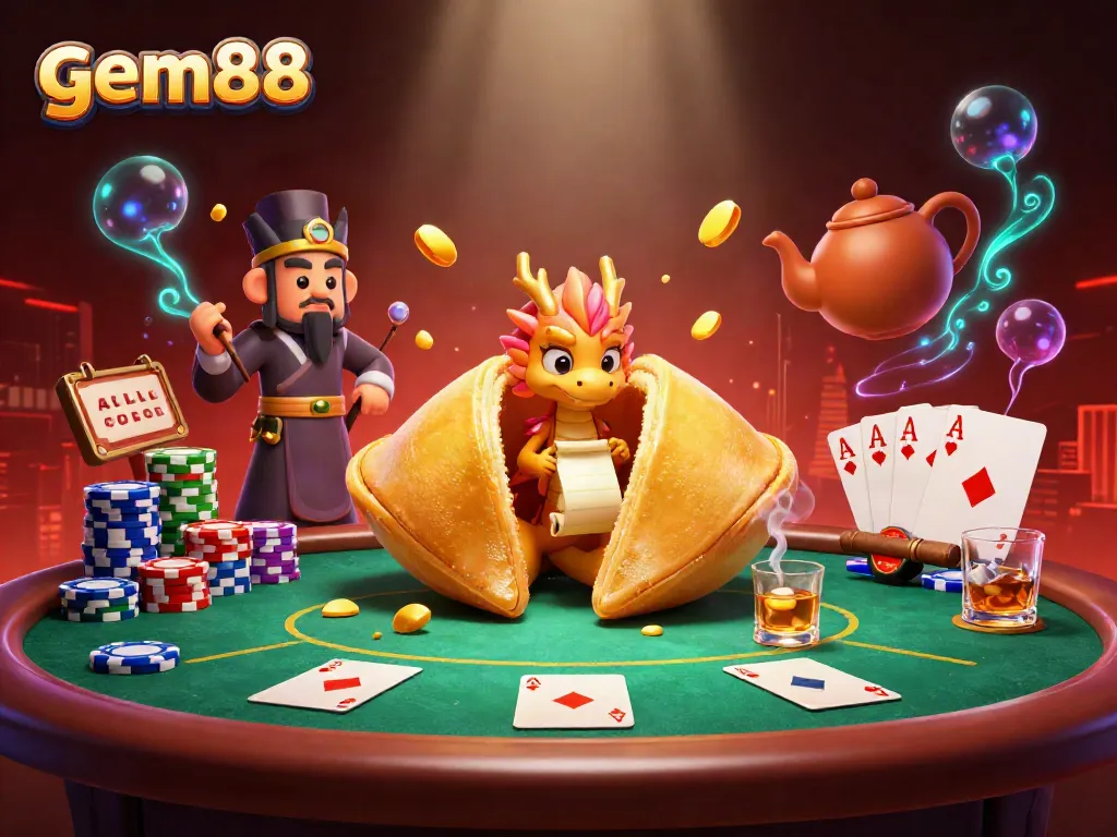 Engage with gem88 in a lively casino scene featuring vibrant characters and iconic game elements.