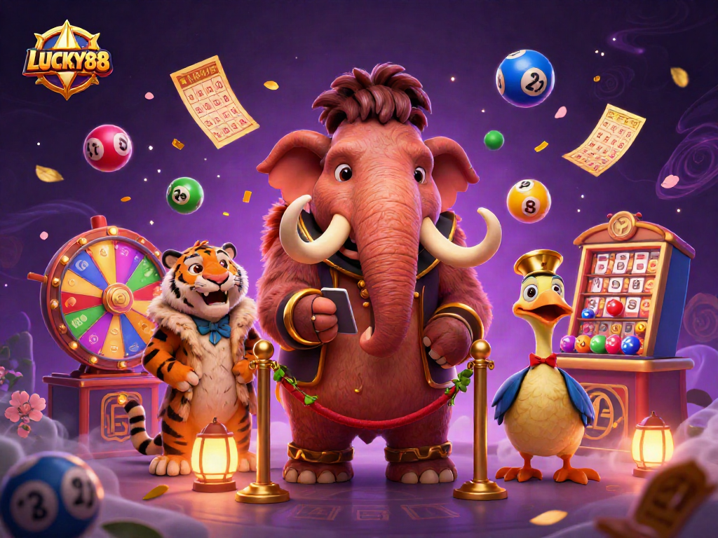 Engage with LUCKY88 in a vibrant casino scene filled with whimsical characters and dynamic game elements.