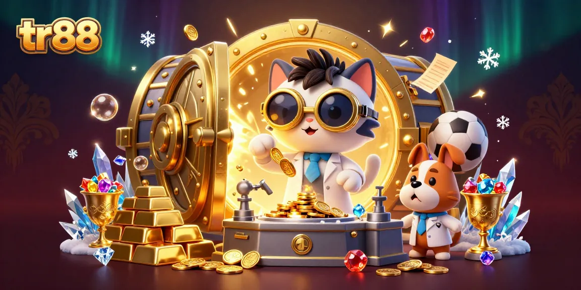 Join the excitement at tr88 with a lively scene of a mad scientist cat and loyal dog, all amidst sparkling gold and vibrant sports betting elements.