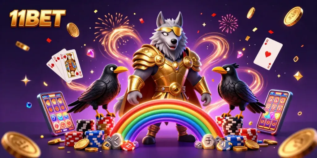 Play engaging casino games at 11BET with a thrilling 3D illustration of Odin and ravens.