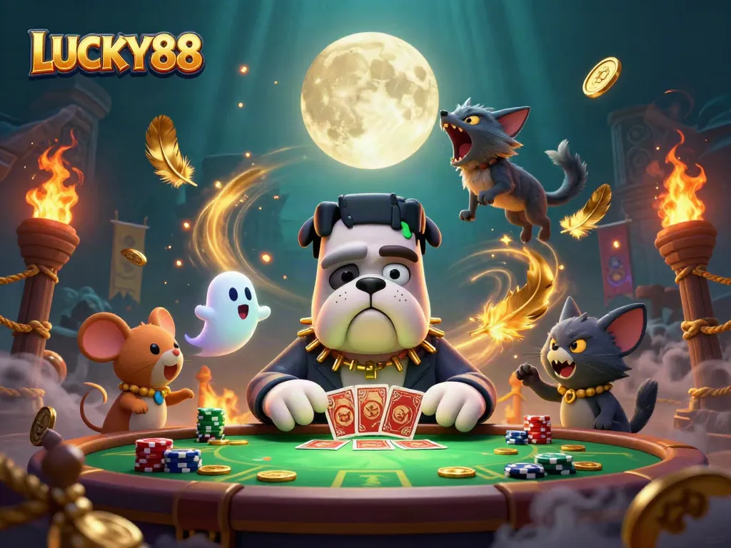 Experience LUCKY88 excitement with a lively scene of a Frankenstein bulldog dealing cards at a haunted casino table.